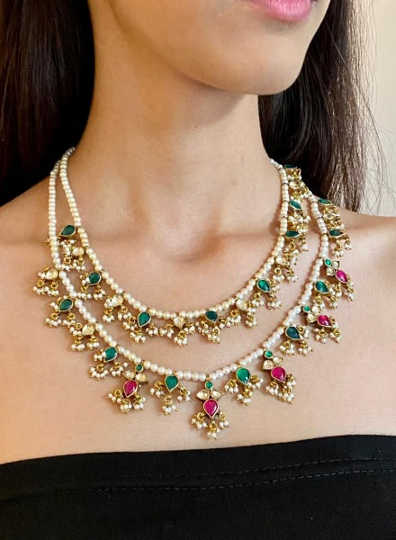 Pearl kundan double string necklace Jade and Jewels