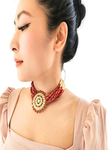 Multi string coral kundan choker