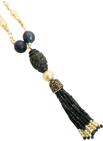 Lapiz and pearl tassel necklace