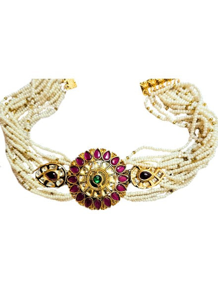 Multi string pearl kundan choker